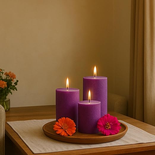 Pillar Candles – Set of 3 (2x6, 2x4, 2x2 in) | Smokeless & Dripless Wax Candles for Home & Event Decor (Purple, Unscented)