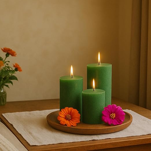 Pillar Candles – Set of 3 (2x6, 2x4, 2x2 in) | Smokeless & Dripless Wax Candles for Home & Event Decor (Green, Unscented)