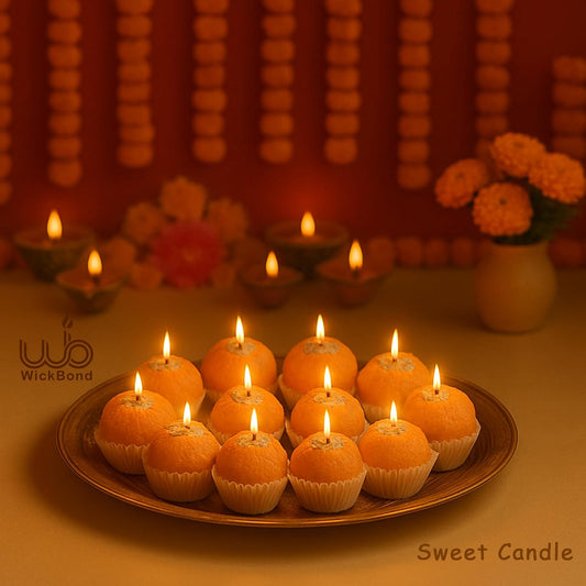 Candlewale Motichoor Ladoo Scented Candle | Handcrafted Soy Wax Sweet Aroma Candle for Diwali, Pooja, Gifting & Home Décor | Realistic Mithai Look | Set of 12