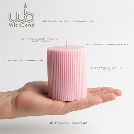 Candlewale Soy Wax Ribbed Pillar Candle Set of 3 – 2x3 Scented Candles for Home Decor, Spa, Diwali, Wedding, Valentine & X-Mass (Lily)