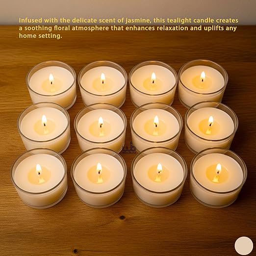 Candlewale Set of 12 Scented Soy Wax Tealight Candles – Smokeless, Drip-Free, 4-Hour Burn Time – Ideal for Home Décor, Pooja, Spa & Gifting (Jasmine)