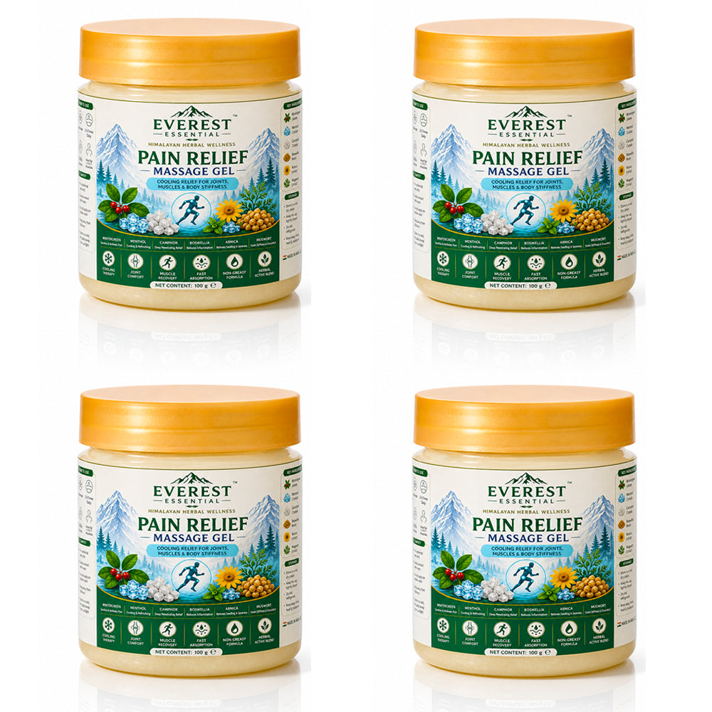Everest Pain Relief Massage Gel jars, 4-pack set with front labels
