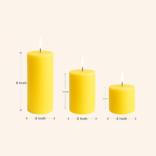 Pillar Candles – Set of 3 (2x6, 2x4, 2x2 in) | Smokeless & Dripless Wax Candles for Home & Event Decor (Yellow, Unscented)