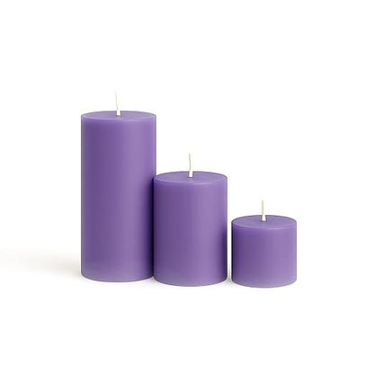 Pillar Candles – Set of 3 (2x6, 2x4, 2x2 in) | Smokeless & Dripless Wax Candles for Home & Event Decor (Purple, Unscented)