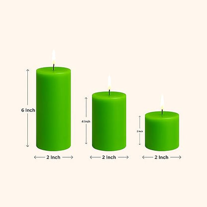Pillar Candles – Set of 3 (2x6, 2x4, 2x2 in) | Smokeless & Dripless Wax Candles for Home & Event Decor (Green, Unscented)