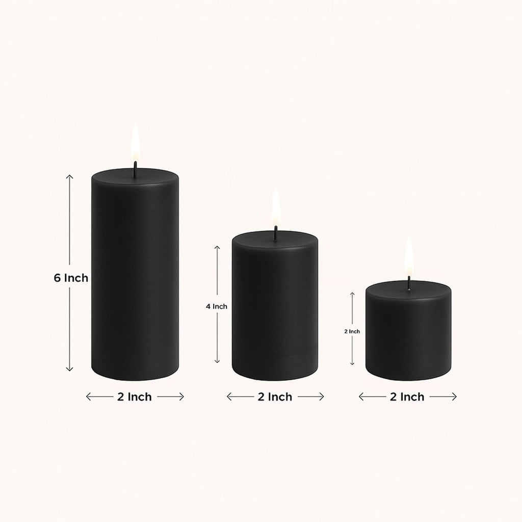 Black pillar candle set sizes shown: 6 inch, 4 inch, and 2 inch