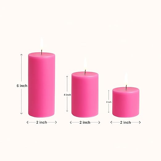 Pillar Candles – Set of 3 (2x6, 2x4, 2x2 in) | Smokeless & Dripless Wax Candles for Home & Event Decor (Pink, Unscented)