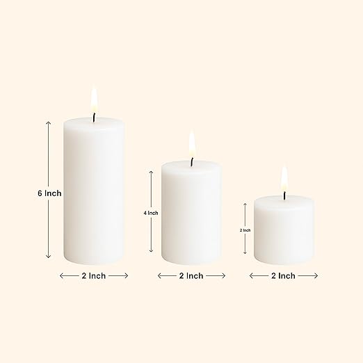 Pillar Candles – Set of 3 (2x6, 2x4, 2x2 in) | Smokeless & Dripless Wax Candles for Home & Event Decor (White, Unscented)