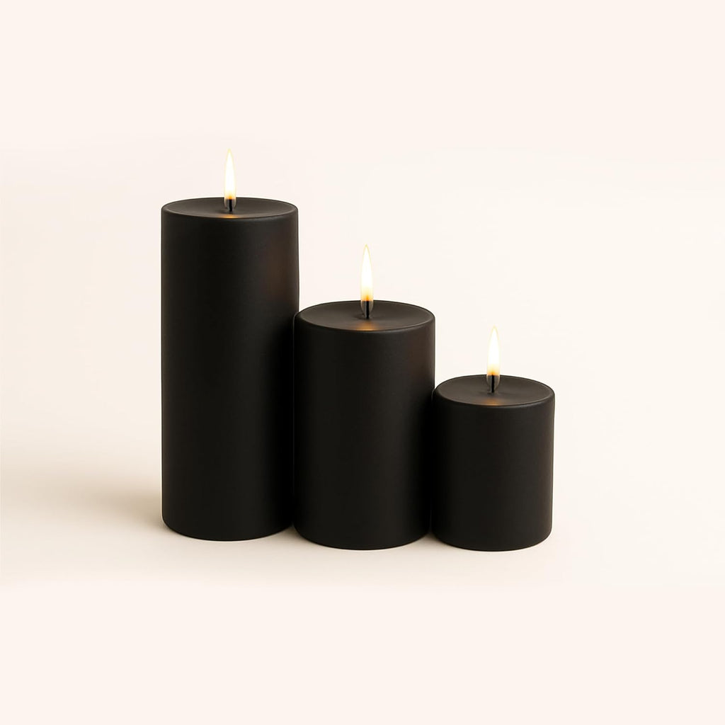 Black pillar candle set: three dripless columns with flames