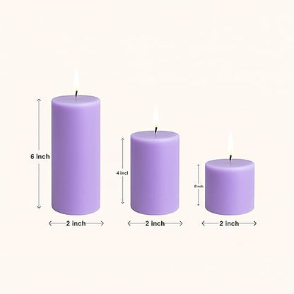 Pillar Candles – Set of 3 (2x6, 2x4, 2x2 in) | Smokeless & Dripless Wax Candles for Home & Event Decor (Purple, Unscented)