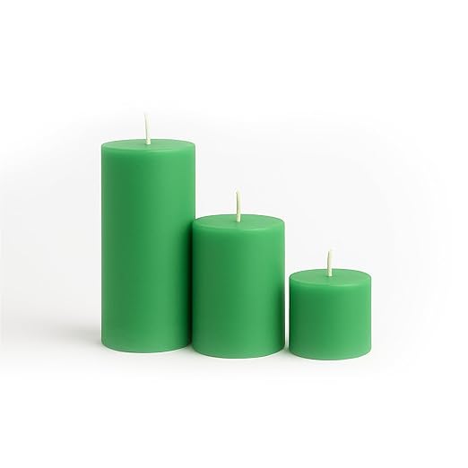 Pillar Candles – Set of 3 (2x6, 2x4, 2x2 in) | Smokeless & Dripless Wax Candles for Home & Event Decor (Green, Unscented)