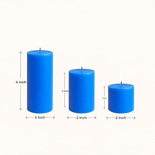 Pillar Candles – Set of 3 (2x6, 2x4, 2x2 in) | Smokeless & Dripless Wax Candles for Home & Event Decor (Blue, Unscented)