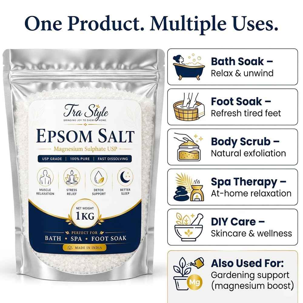 Epsom Salt 1 kg pouch with multiple uses: bath soak, foot soak, body scrub