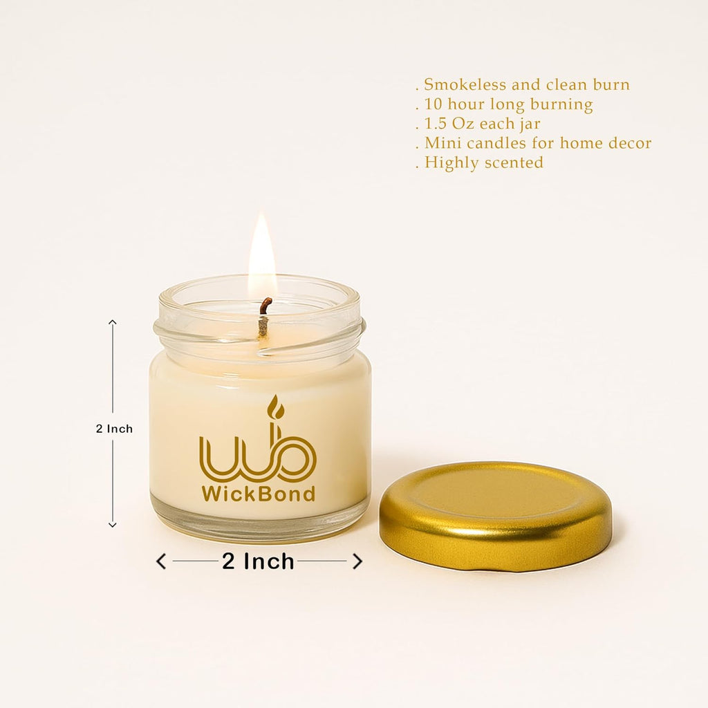 Mini glass jar candle with golden lid, lit wick and WickBond logo