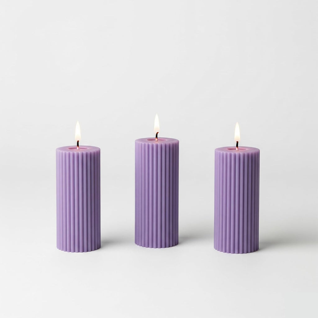 Lavender ribbed soy pillar candles set of 3, with flames