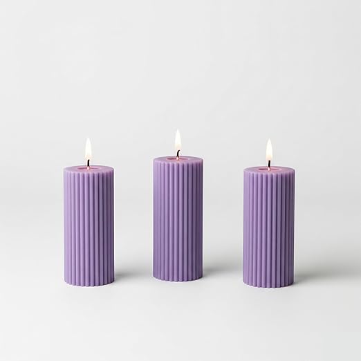 Candlewale Soy Wax Ribbed Pillar Candle Set of 3 – 2x3 Scented Candles for Home Decor, Spa, Diwali, Wedding, Valentine & X-Mass (Lavender)