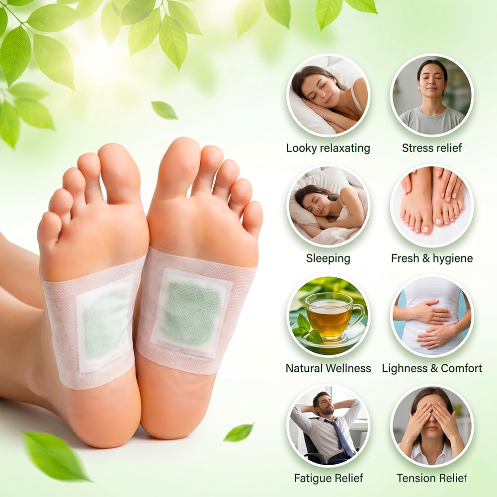 Detox foot patches on bare feet with circular wellness benefit icons