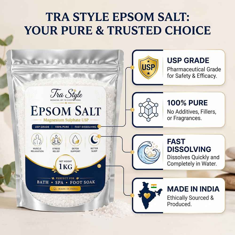 Tra Style Epsom Salt 1 kg pouch—USP grade, 100% pure, fast dissolving, made in India