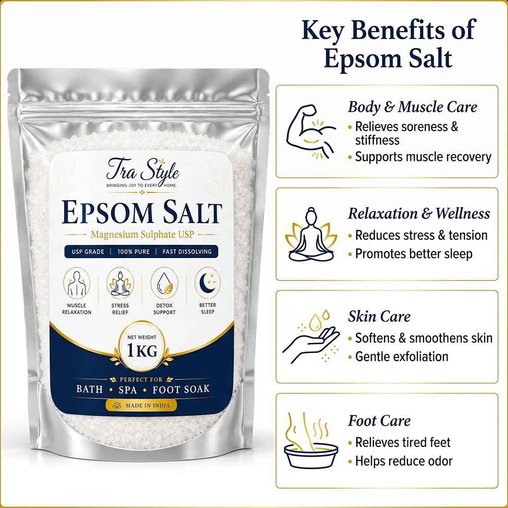 Epsom Salt 1 kg pouch with key benefits icons: muscle care, relaxation, skin care