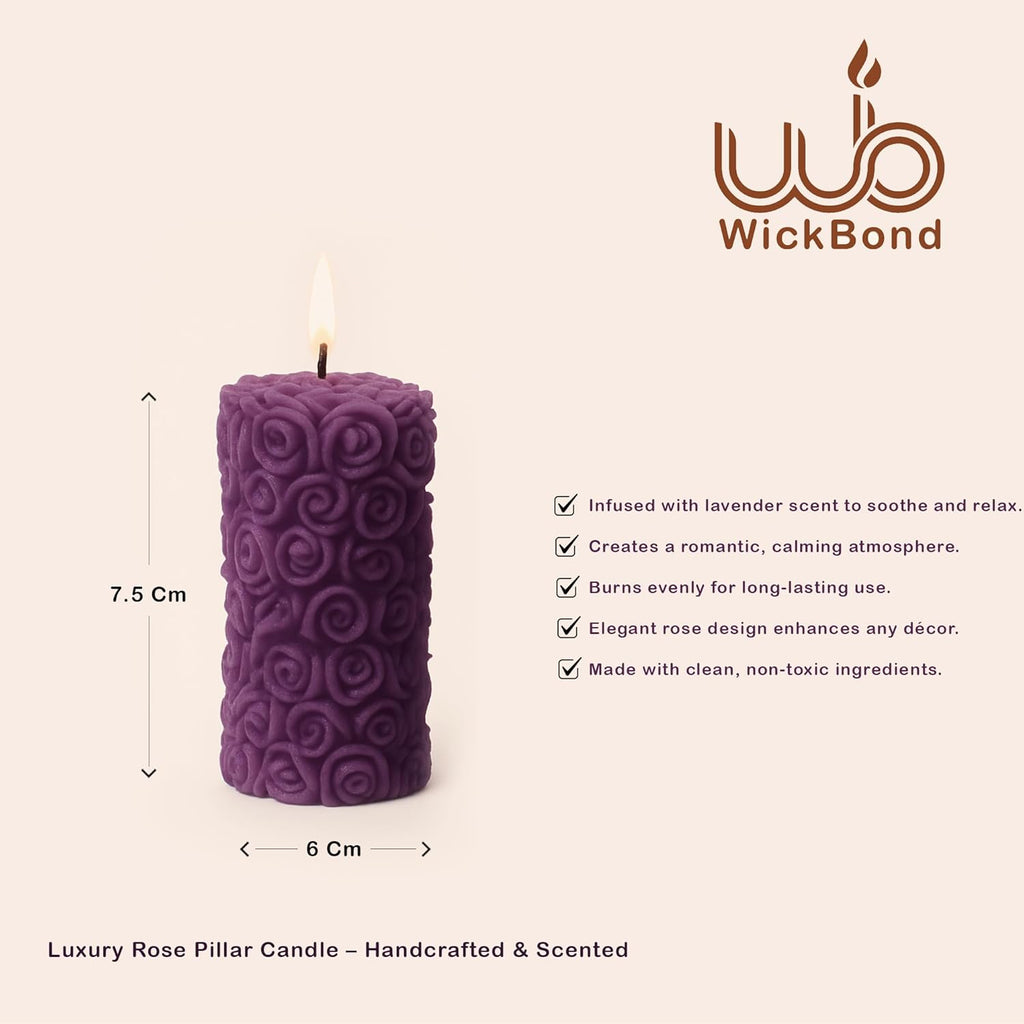 Lavender rose pillar candle set of 2, size shown: 7.5 cm tall, 6 cm wide