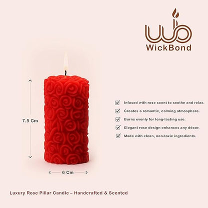 Candlewale Rose Pillar Scented Candles – Set of 2 Red Decorative Wax Candles for Home Décor & Gifting | Long-Lasting Floral Aroma | Romantic Ambience for Living Room & Bedroom (Rose)
