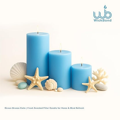 Pillar Candles – Set of 3 (2x6, 2x4, 2x2 in) | Smokeless & Dripless Wax Candles for Home & Event Decor (Blue, Unscented)