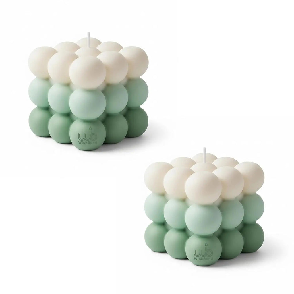 Ombre Bubble soy candle, green and ivory cube with small round bubble shapes and wick