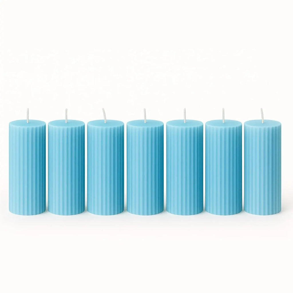 Blaue Votivkerzen, gerippt, mit Dochten, Set aus 7 Kerzen