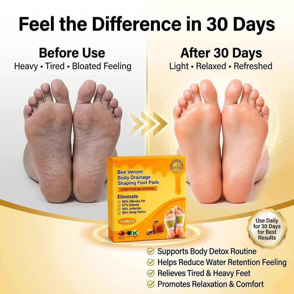 30-day results graphic with foot pads on feet and the Bee Venom foot pads box