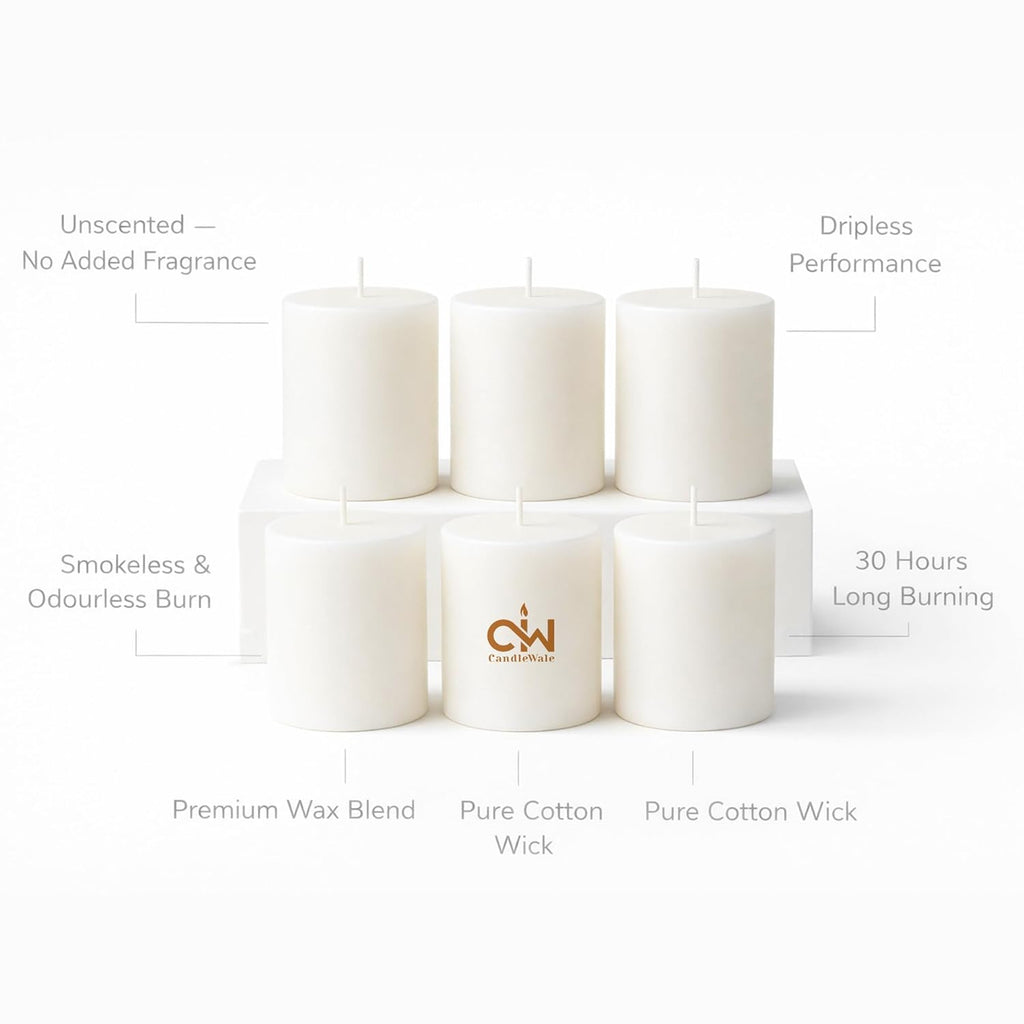 6 off-white pillar candles: dripless, smokeless, unscented; cotton wick design