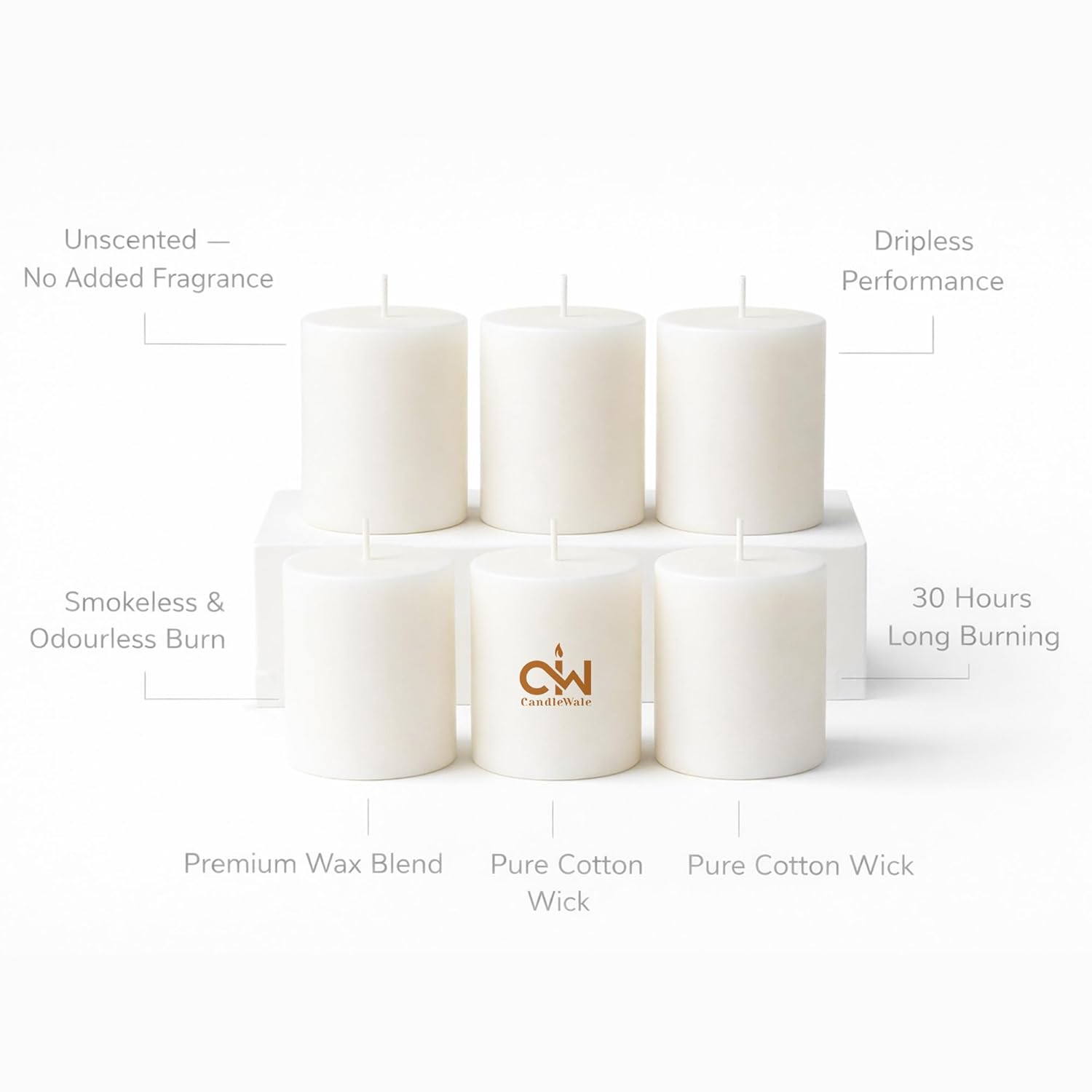 Pillar Candles Set of 6 – Dripless, Smokeless & Odourless Wax Decorative Candles for Home Decor, Wedding & Party Use, 30 Hours Long Burning, Size 2 x 2 Inch (Classic Unscented)