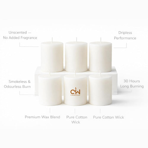 6 off-white pillar candles: dripless, smokeless, unscented; cotton wick design