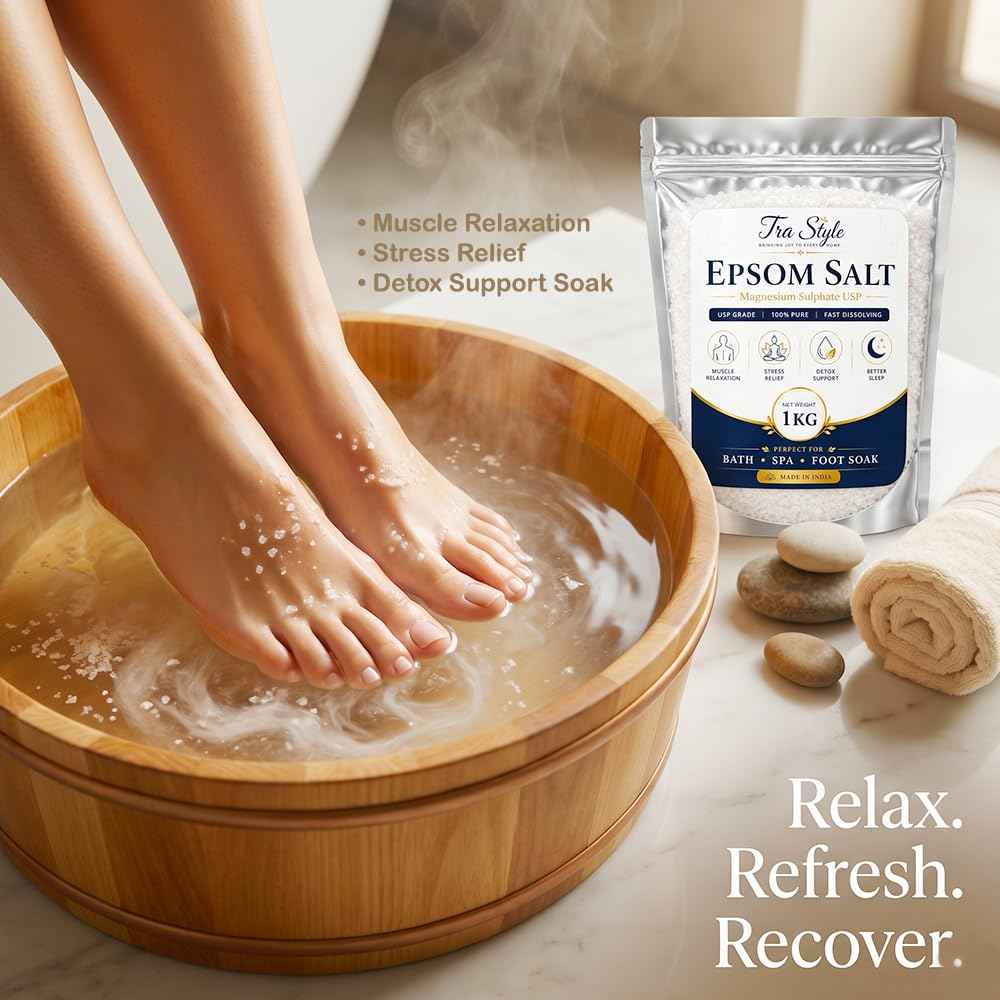 Epsom Salt pouch 1 kg next to soaking feet and towels