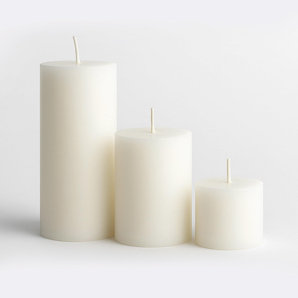 White pillar candle set: three unscented-looking columns with bare wicks