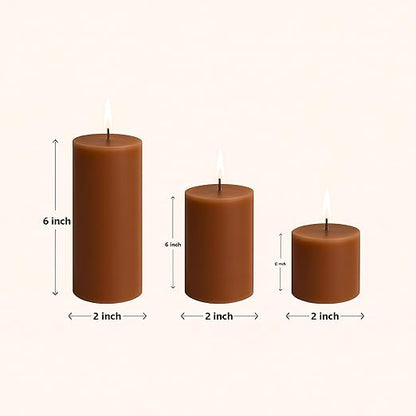 Pillar Candles – Set of 3 (2x6, 2x4, 2x2 in) | Smokeless & Dripless Wax Candles for Home & Event Decor (Brown, Unscented)