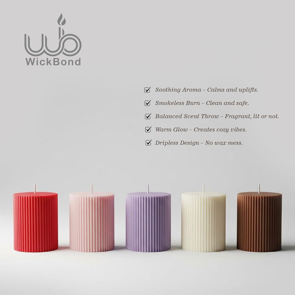 Assorted ribbed soy pillar candles set of 3 in red, pink, lavender, cream, brown
