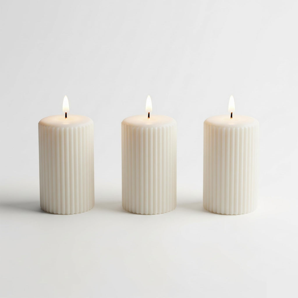 Vanilla ribbed soy pillar candles set of 3, with wicks and no flames