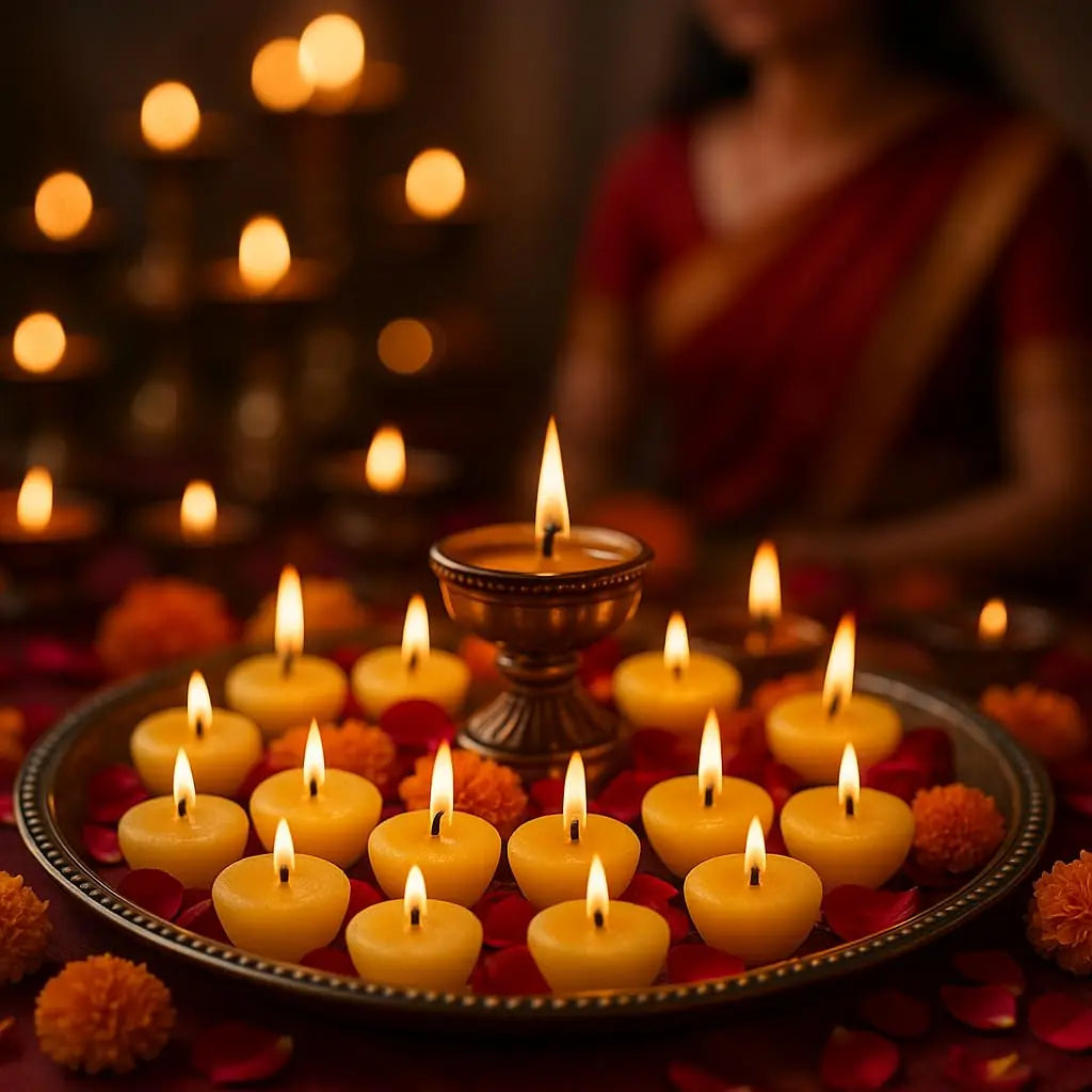 Tray of yellow ghee diya battis with lit flames for puja and aarti