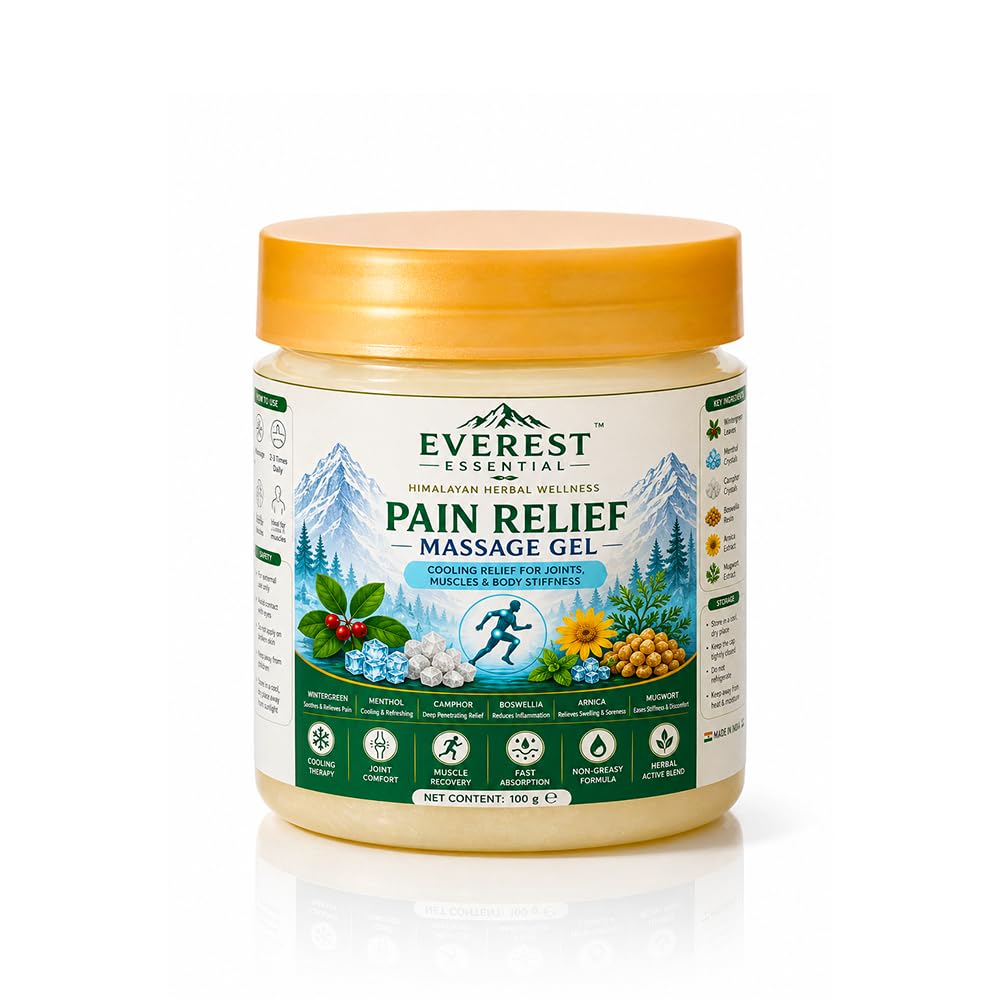 Everest Essential pain relief massage gel jar with orange screw cap, 100 g