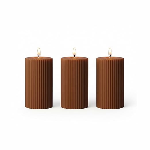 Candlewale Soy Wax Ribbed Pillar Candle Set of 3 – 2x3 Scented Candles for Home Decor, Spa, Diwali, Wedding, Valentine & X-Mass (Sandalwood)