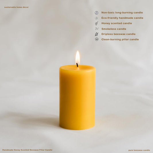 100% Pure Beeswax Pillar Candle, 2.5 x 5 Inch, Natural Honey Scent, Hand-Poured (Yellow Beeswax)