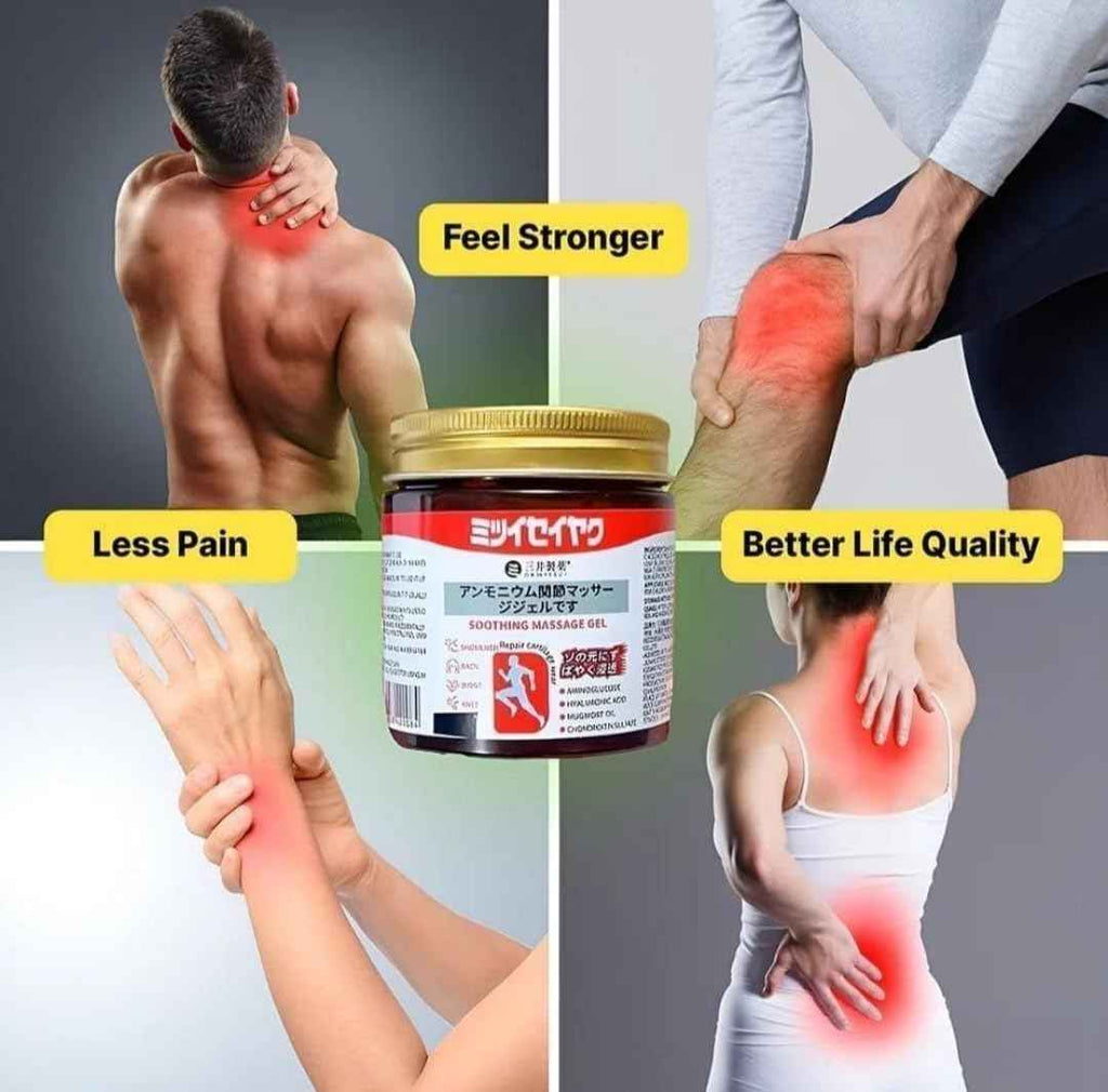 Japanese Soothing Massage Gel jar shown between people applying it to joints