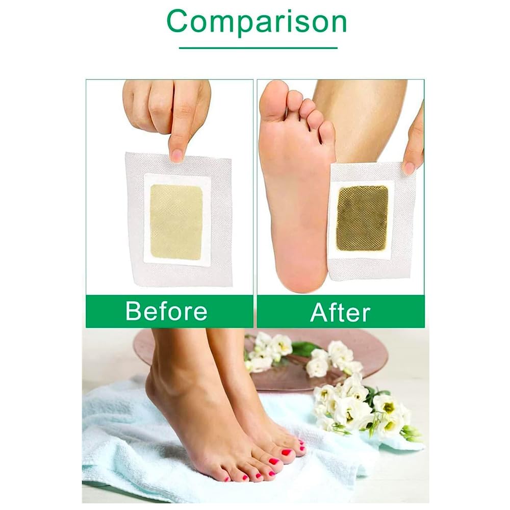 Detox foot patch before and after comparison with two patch wear views