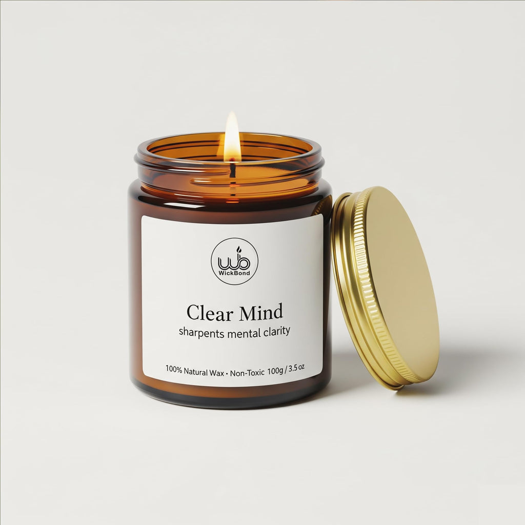 Clear Mind soy candle jar with gold lid, lit wick; label visible