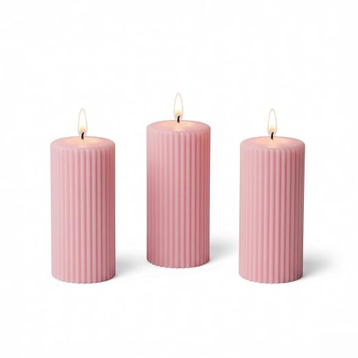 Candlewale Soy Wax Ribbed Pillar Candle Set of 3 – 2x3 Scented Candles for Home Decor, Spa, Diwali, Wedding, Valentine & X-Mass (Lily)
