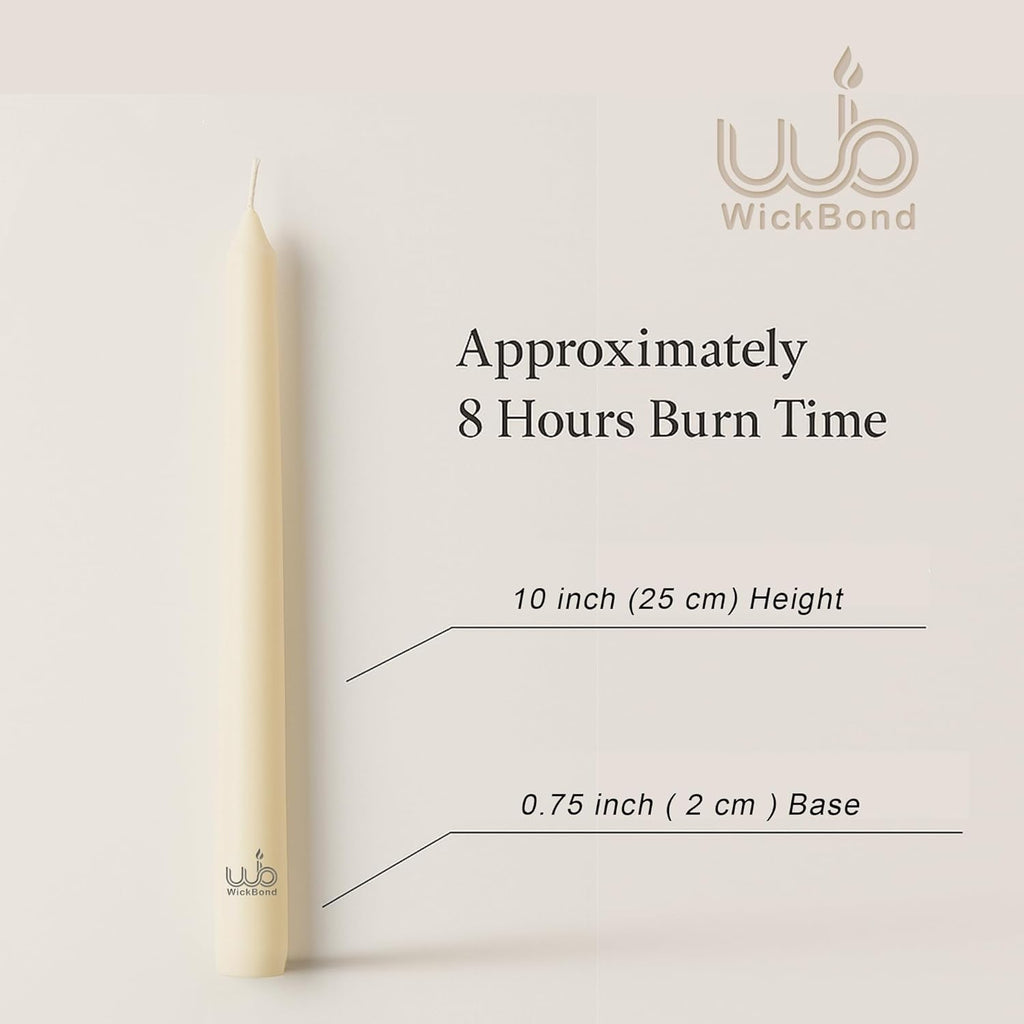 Cream tapered candle showing burn height and 0.75 inch base, dripless design