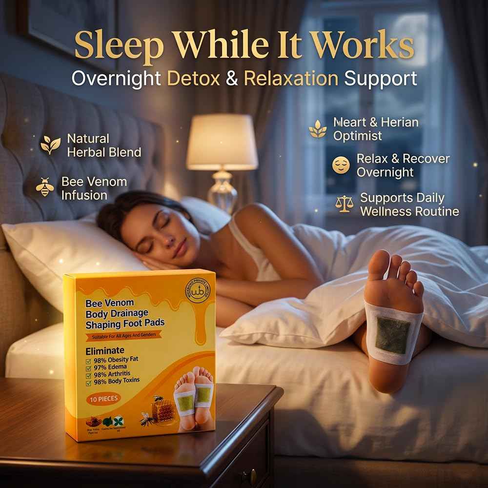 Overnight detox and relaxation graphic with Bee Venom foot pads on resting feet