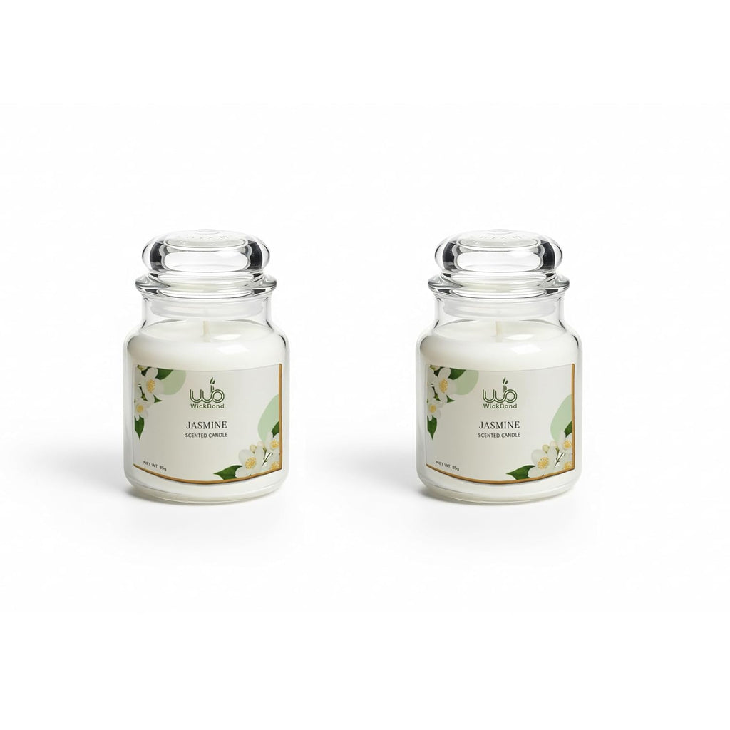 Jasmine scented soy wax candle set in clear glass jars with metal lids (2 candles)