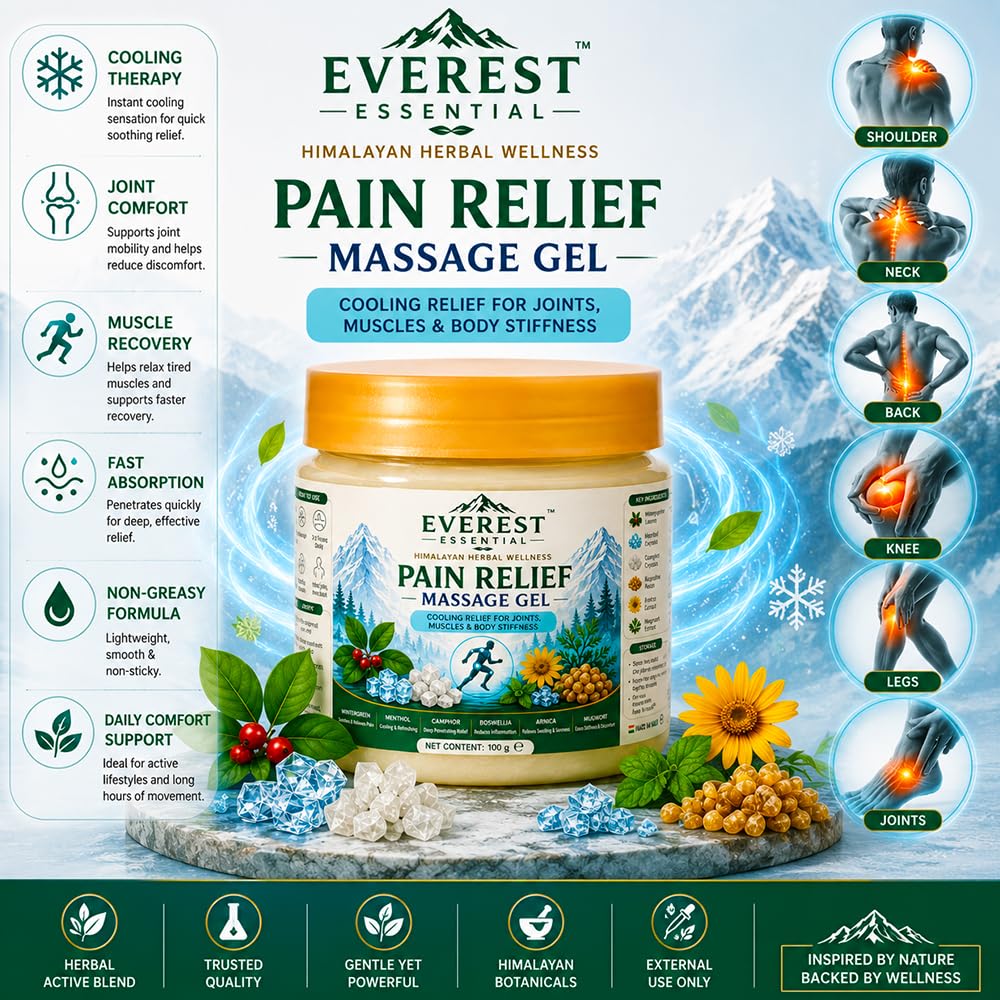 Pain relief massage gel jar with cooling relief text and body-area icons on front