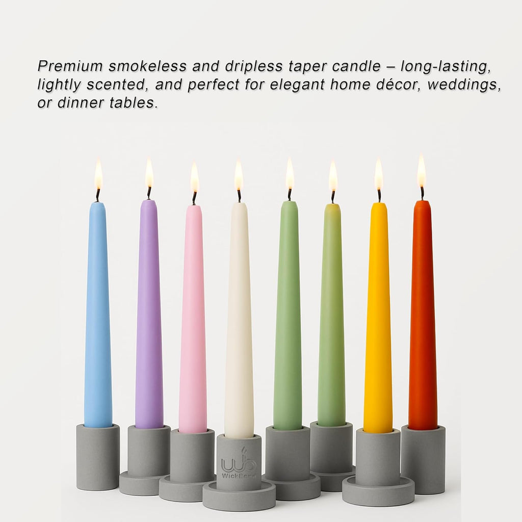 Assorted dripless tapered candles in blue, purple, pink, ivory, green, yellow, orange, red